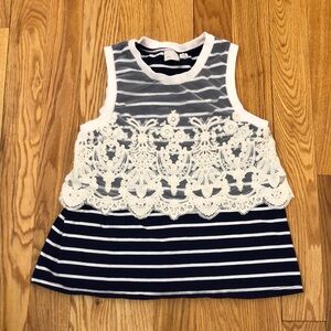Anthropologie Blue and White Stripe Sleeveless Shirt with Lace Details Size M